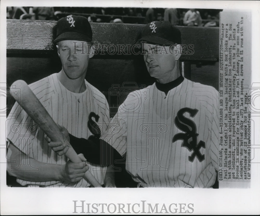 1951 Press Photo White Sox Manager Paul Richards Looks Over Bat With New Player- Historic Images