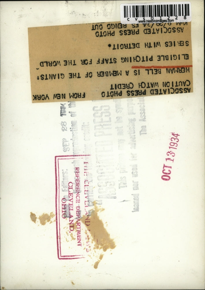 1934 Press Photo Herman Bell of New York Giants Pitcher