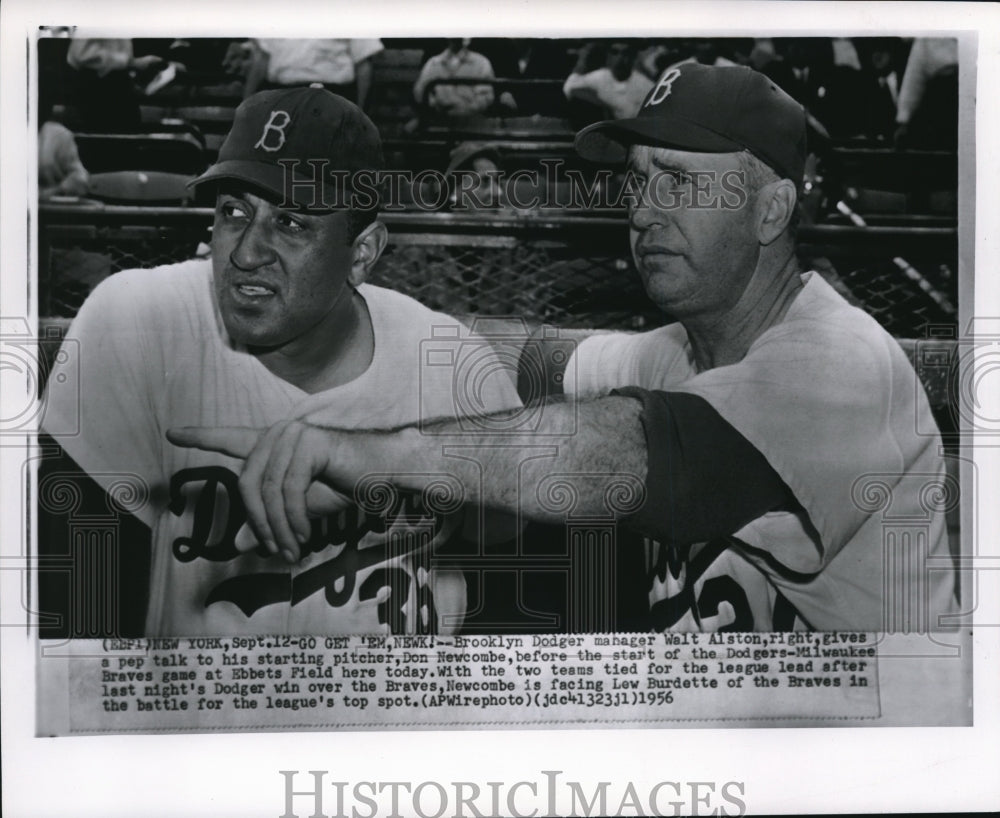 1956 Press Photo Brooklyn Dodger Manager Walt Alston Talks to Don Newcombe- Historic Images