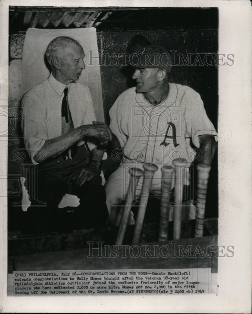 1949 Press Photo Connie Mack Congratulates Athletics Wally Moses on 2,000 Hits- Historic Images