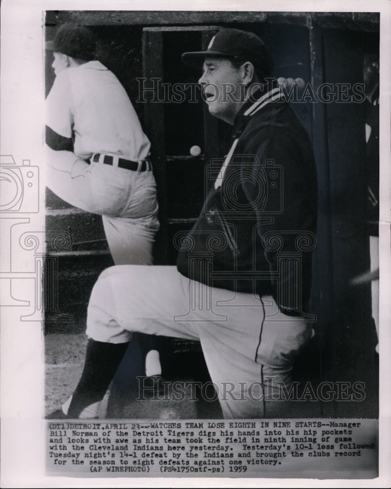 1959 Press Photo Manager Bill Norman of Tigers Watches Team Lose Eighth Game- Historic Images