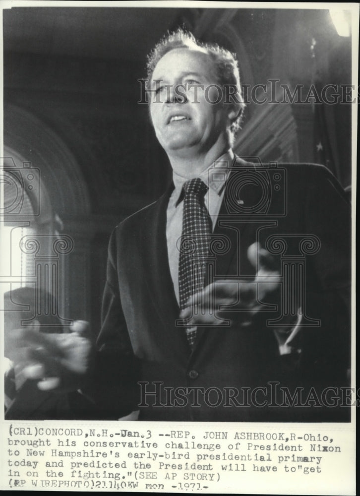 1973 Press Photo Rep John Ashbrook challenge Pres Nixon in a speech, Concord NH- Historic Images