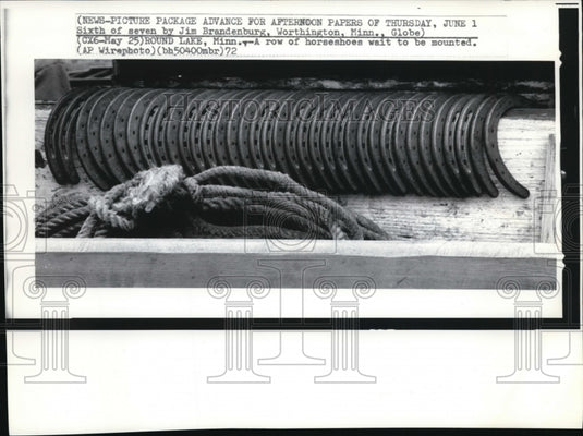 1972 Press Photo A row of horse shoes wait to be mounted-Round Lake Minnesota- Historic Images