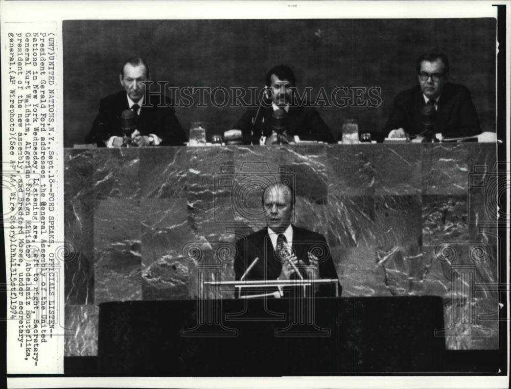 1974 Press Photo President Ford Speaks at UN to Waldheim, Bouteflika &amp; B. Morse- Historic Images