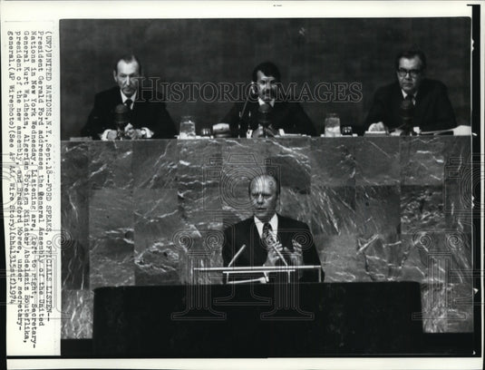 1974 Press Photo President Ford Speaks at UN to Waldheim, Bouteflika & B. Morse- Historic Images