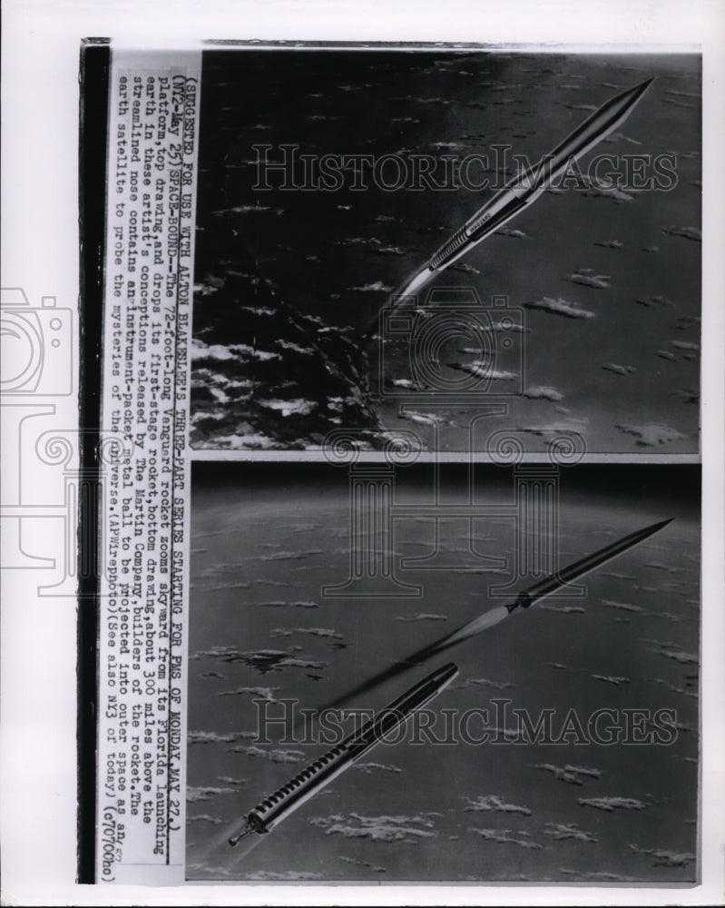 1957 Press Photo Artist Concept of Vanguard Rocket Streaking Above the Earth- Historic Images