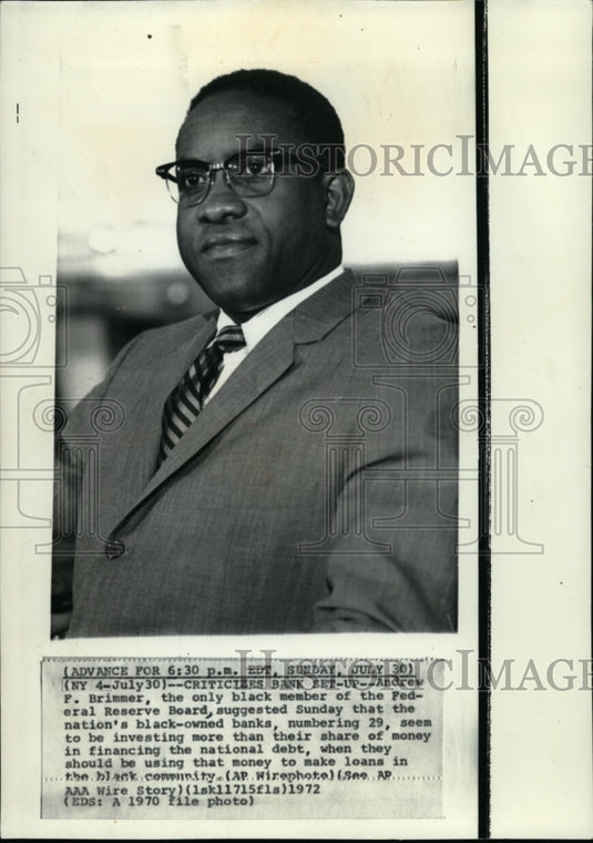 1970 Press Photo Andrew Brimmer, Federal Reserve Board Member Condemn Bank Setup- Historic Images