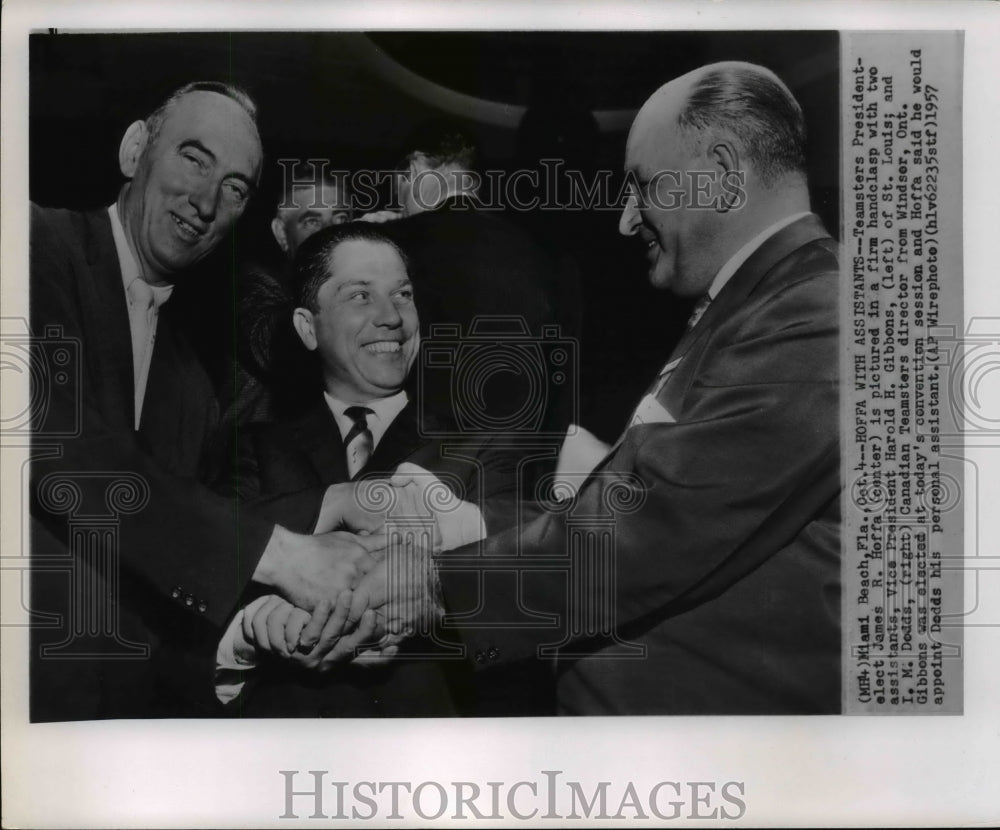 1957 Press Photo Teamster Pres. James Hoffa with his vice president and director- Historic Images