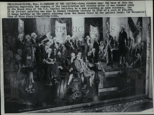 1966 Press Photo Painting of the signing of the Constitution has been slashed- Historic Images