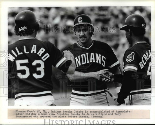 1984 Press Photo Indians Brooke Jacoby is congratulated at home plate after HR- Historic Images