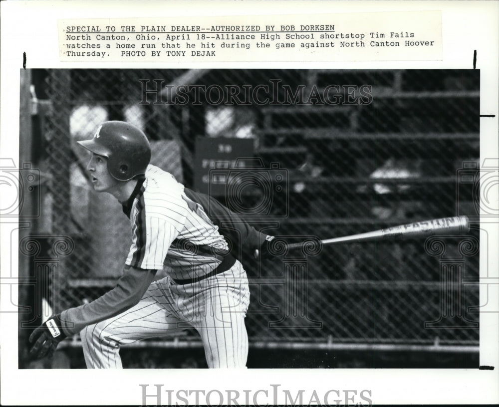 Press Photo Alliance High School shortstop Tim Fails hitting a home run- Historic Images