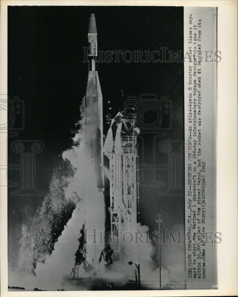 1962 Press Photo Atlas-Agena B booster pocket blazes skyward for voyage- Historic Images