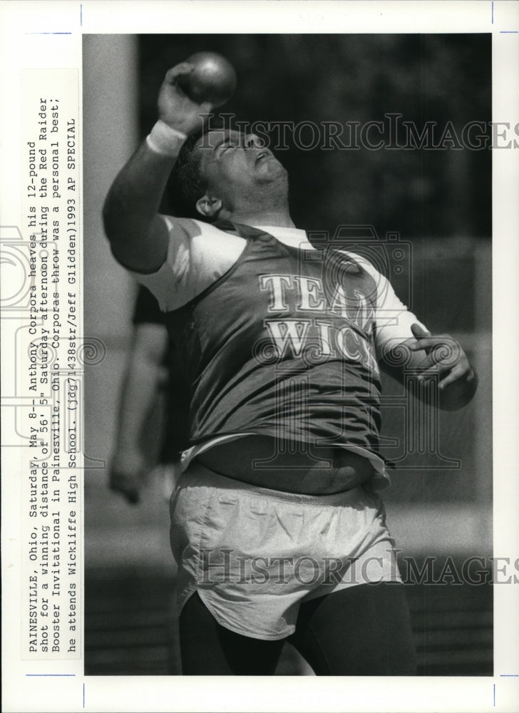 1993 Press Photo Anthony Corpora heaves shot at Red Raider Booster Invitational- Historic Images