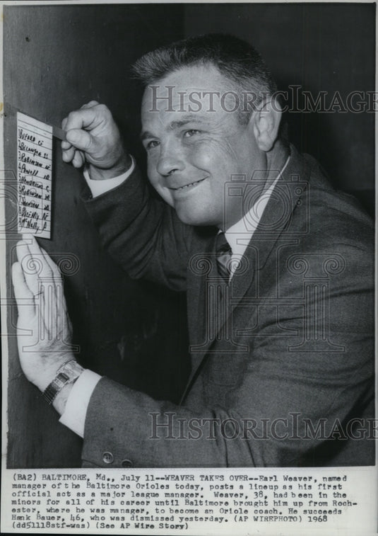 1968 Press Photo Earl Weaver manager of Baltimore Orioles- post his new line up- Historic Images