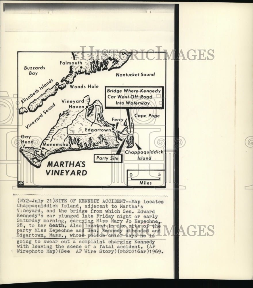 1969 Press Photo Map showing the accident site where Sen. Kennedy was involved- Historic Images