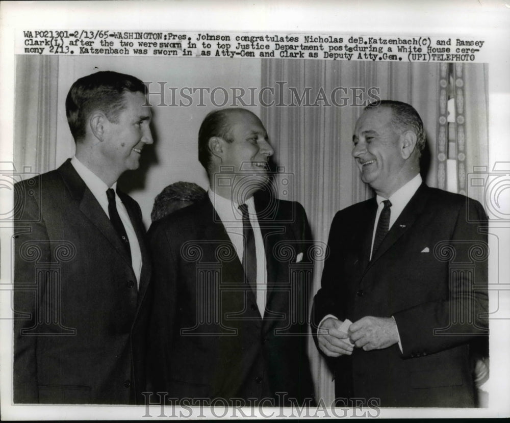 1965 Press Photo Pres.Johnson congratulate Nicholas de Katzenbach &amp; Ramsey Clark- Historic Images
