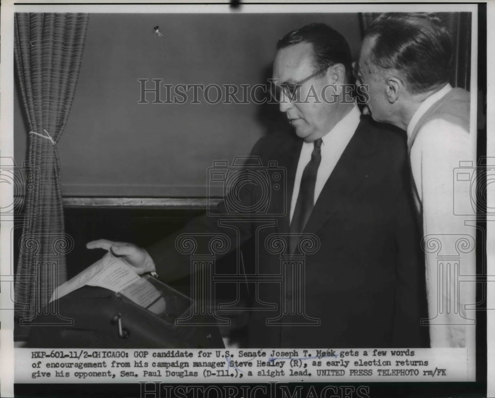 1954 Press Photo GOP candidate for US Senate Joseph T Meek gets partial returns- Historic Images