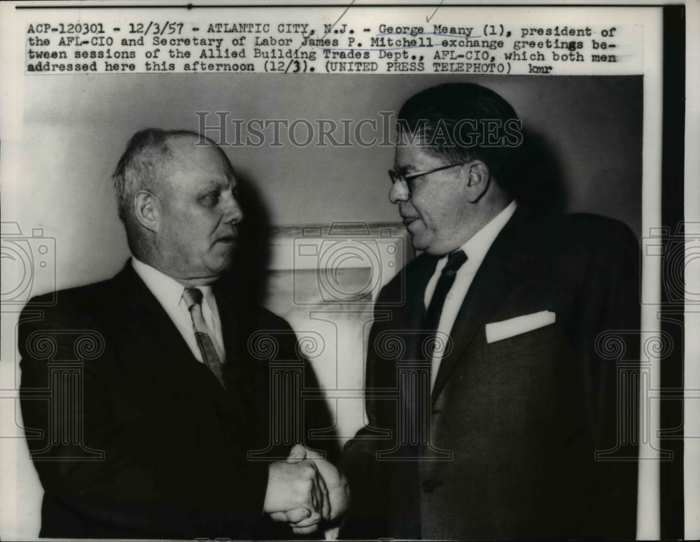 1957 Press Photo George Meany, president of the AFL-CIO w/ Sec James Mitchell- Historic Images