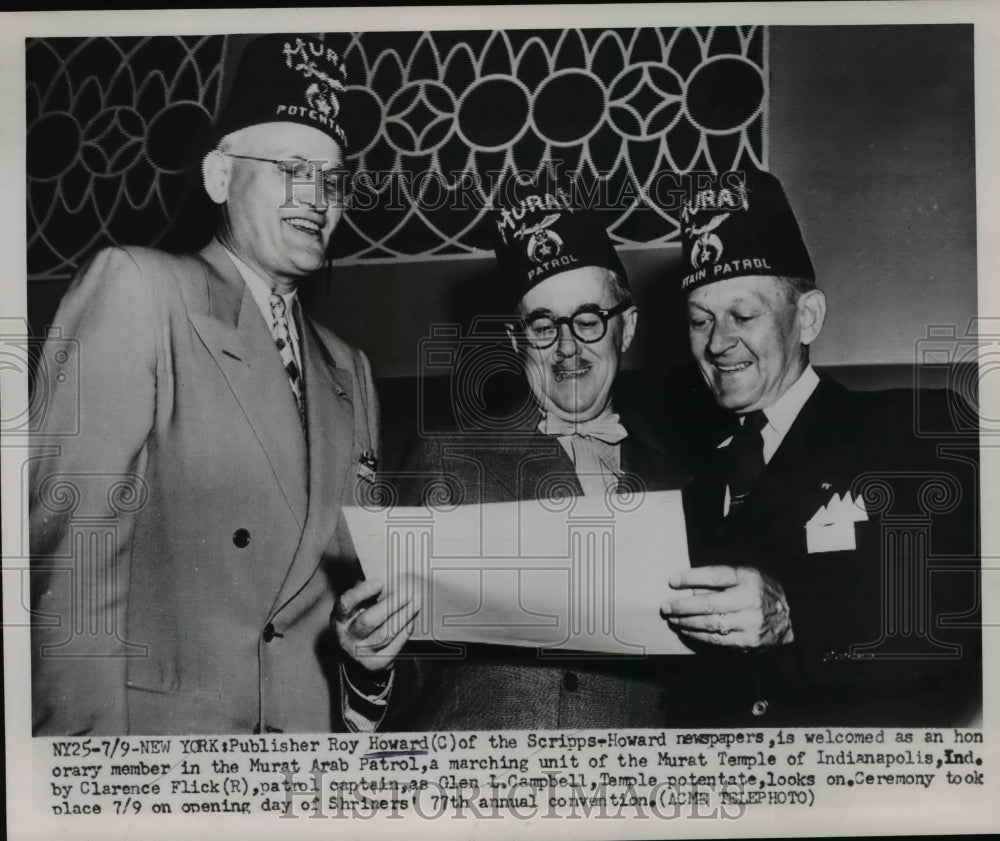 1951 Press Photo Publisher Roy Howard of the Scripps-Howard newspapers- Shriner- Historic Images