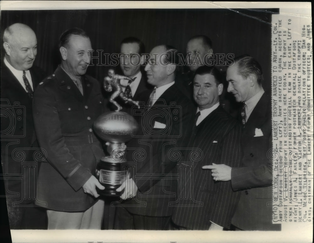 1944 Press Photo Army Coach Lt. Col. Andy Gustafson Accepts Lambert Trophy- Historic Images