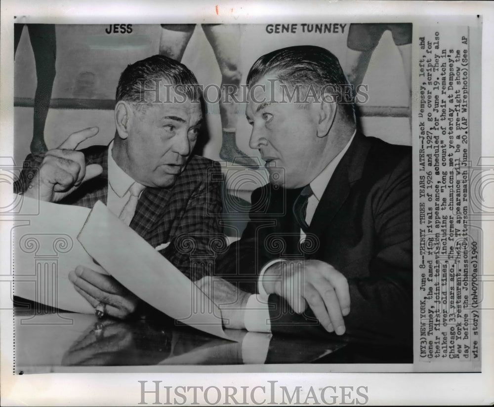 1960 Press Photo Jack Dempsey &amp; Gene Tunney read script for TV appearance- Historic Images