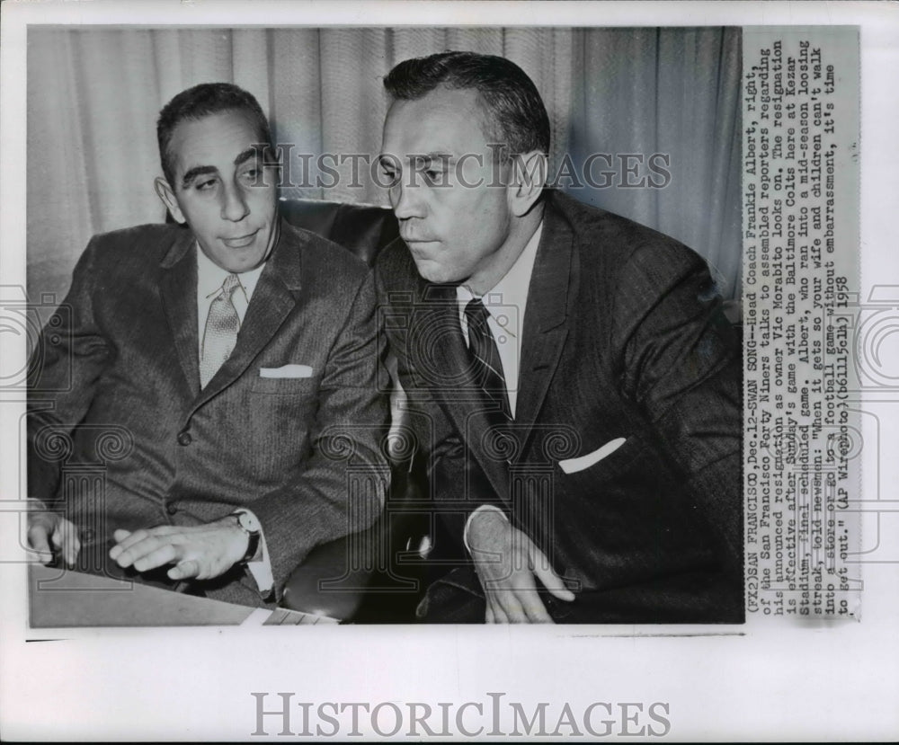 1958 Press Photo Head Frankie Albert talks about announced resignation- Historic Images