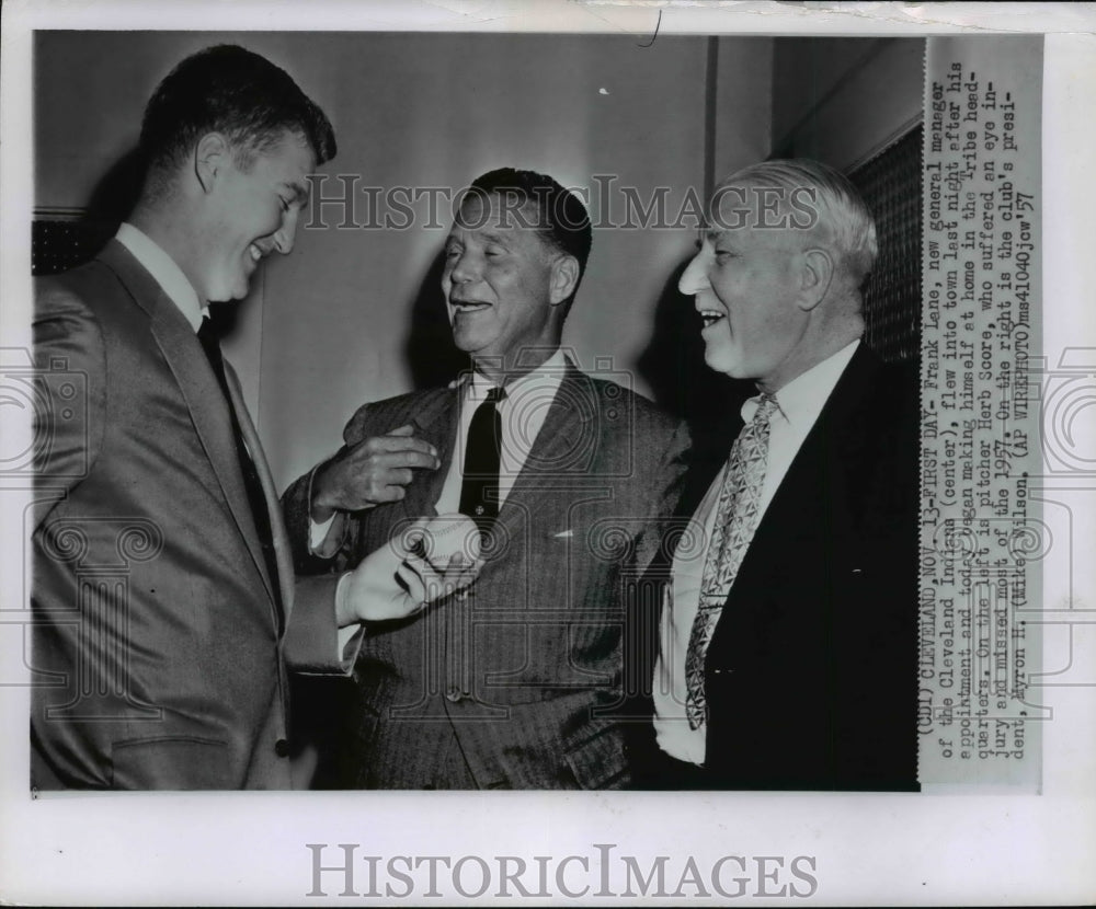 1957 Press Photo New Cleveland Indians Frank Lane with Herb Score &amp; MH Wilson- Historic Images