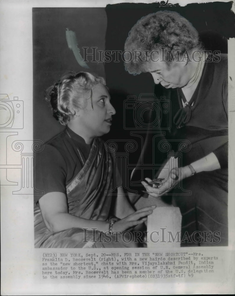 1949 Press Photo Mrs Franklin D Roosevelt w/ Mrs Vijayalakshmi Pandit at UN- GA- Historic Images