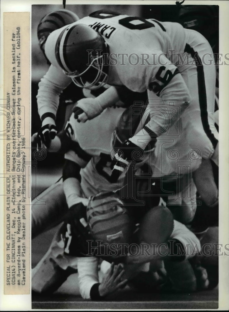 1986 Press Photo Bengals QB Boomer Esiason tackled by Reggie Camp &amp; Chip Banks- Historic Images