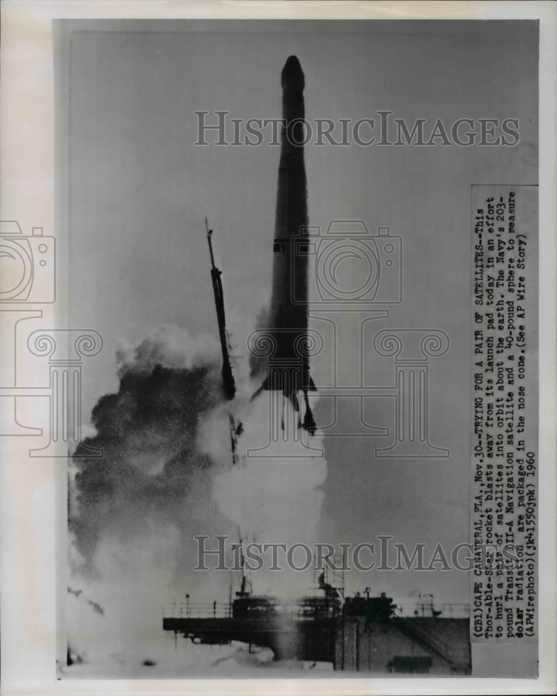 1960 Press Photo Thor-able-star rocket launched to put satellite into orbit- Historic Images