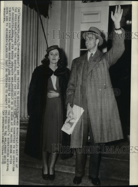 1938 Press Photo Mr & Mrs James Roosevelt, eldest son of president back in Wash- Historic Images