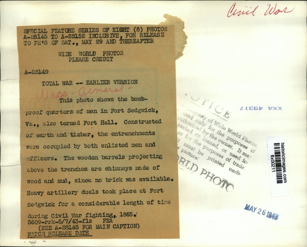 1943 Press Photo Fort Sedgwick, Virginia Bomb Proof Structures - ftx00211