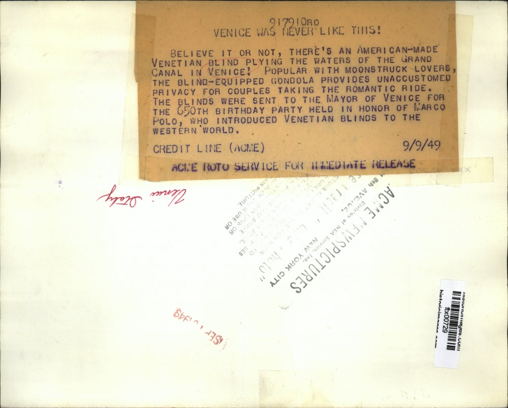 1949 Press Photo Gondola with Blinds, Grand Canal, Venice, Italy - ftx00729