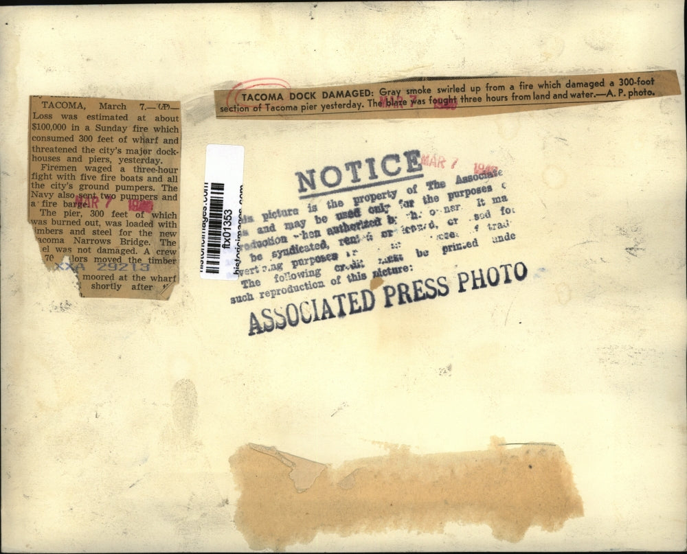 1949 Press Photo Tacoma, Washington Dock/Pier Fire Damage - ftx01353
