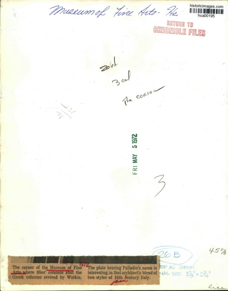 1972 Press Photo Corner of the Houston Museum of Fine Arts, Greek Columns