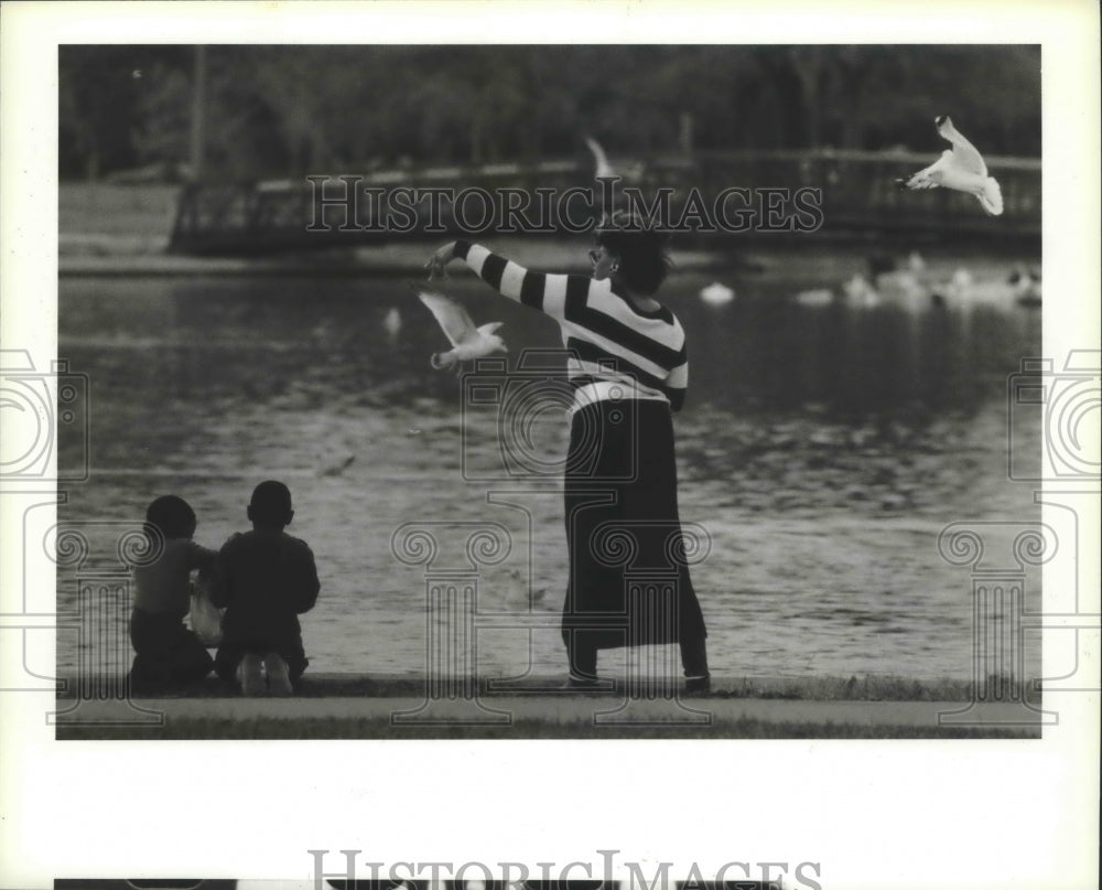 1987 Press Photo Thompkins family feeding Ducks at Hermann Park Pond, Houston