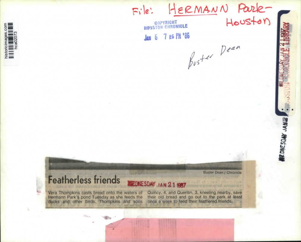 1987 Press Photo Thompkins family feeding Ducks at Hermann Park Pond, Houston