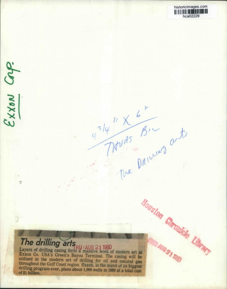 1980 Press Photo Drilling casings at Exxon Co. USA's Green's Bayou Terminal