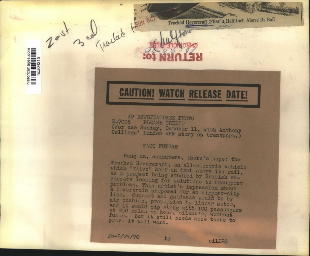 1970 Press Photo Drawing of an all-electric tracked Hovercraft - hca04215