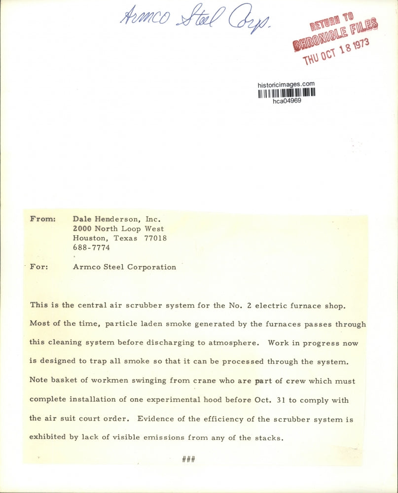 1973 Press Photo Central Air Scrubber System for Furnace-Armco Steel Corp.