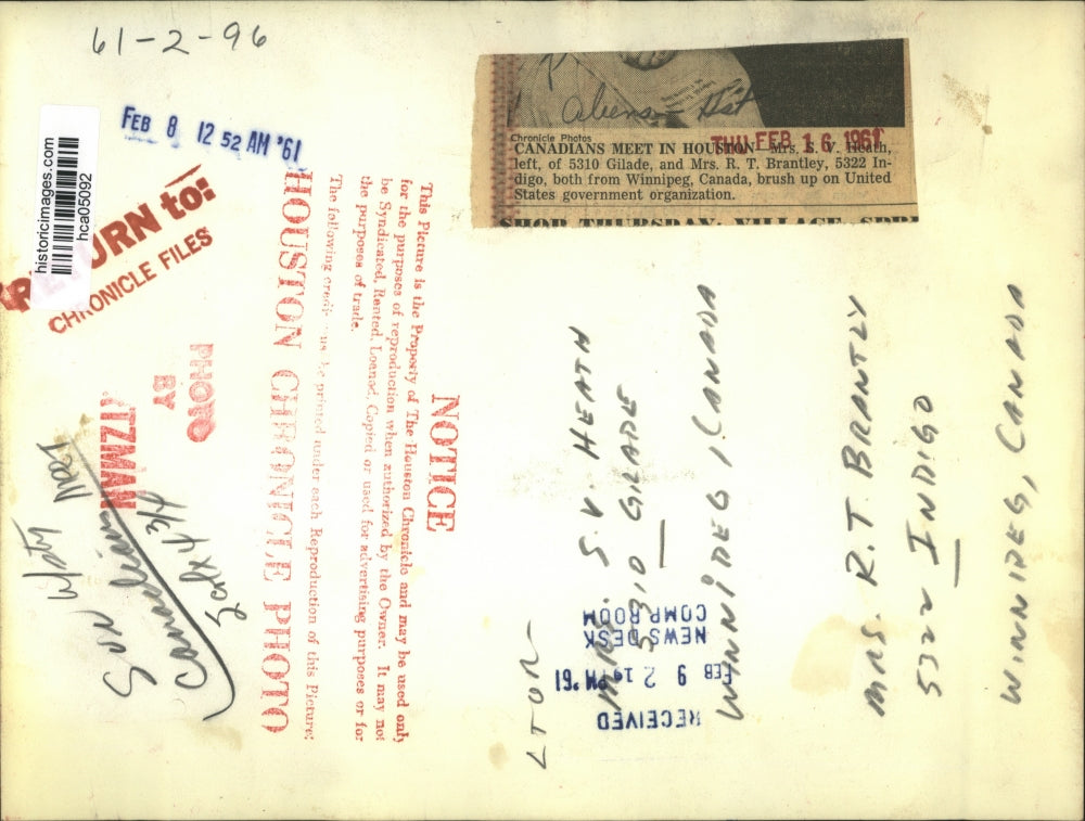 1961 Press Photo Mrs S.V. Heath & Mrs R.T. Brantley from Winnipeg - hca05092