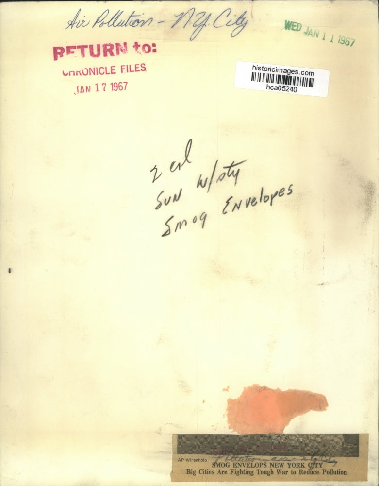 1967 Press Photo Smog seen because of Air Pollution, New York City - hca05240