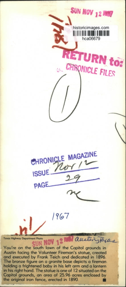 1967 Press Photo South Lawn of Capitol Grounds is Fireman Statue, Austin Texas