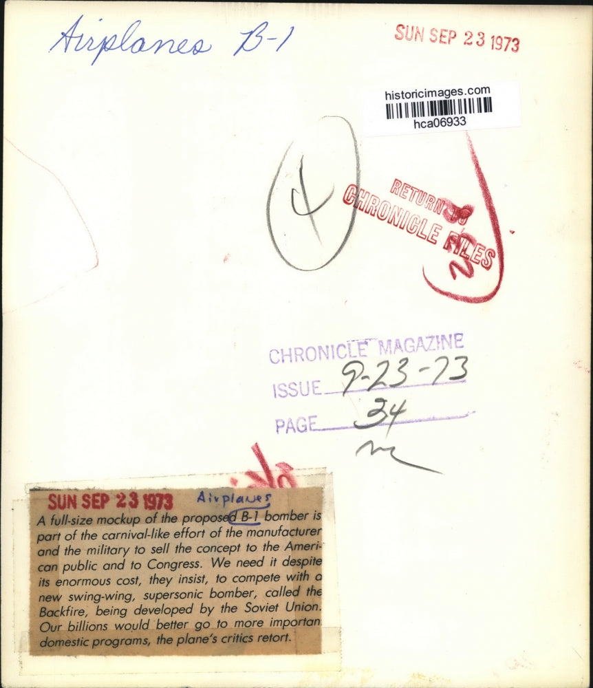 1973 Press Photo Full-Size mockup of the Proposed Airplanes B-1 Bomber