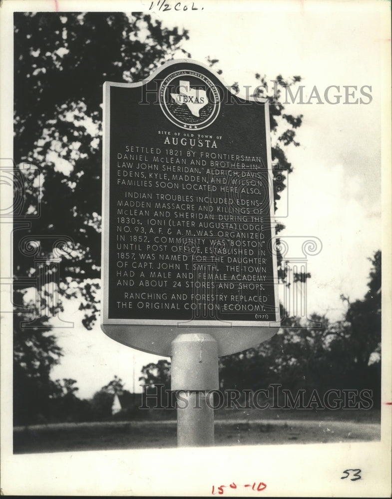 1971 Press Photo Historical Marker in Augusta, Texas - hca06985