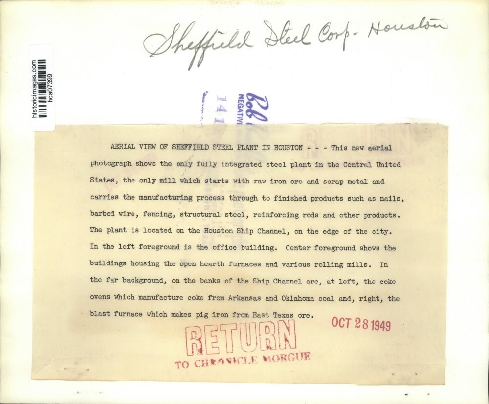 1949 Press Photo Aerial View of Sheffield Steel Corp. Plant in Houston