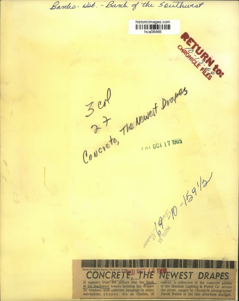 1969 Press Photo Bank of the Southeast Towers Building Houston, Concrete Drapes