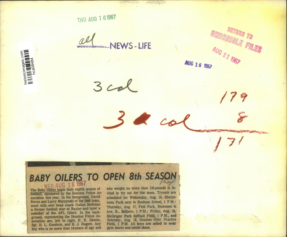 1967 Press Photo The Baby Oilers season sponsored by Houston Police Association