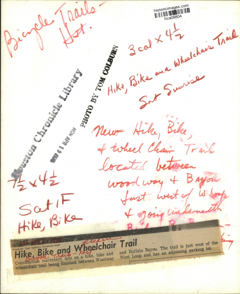 1976 Press Photo Construction Machinery Sets on Bike and Hiking Trails, Houston