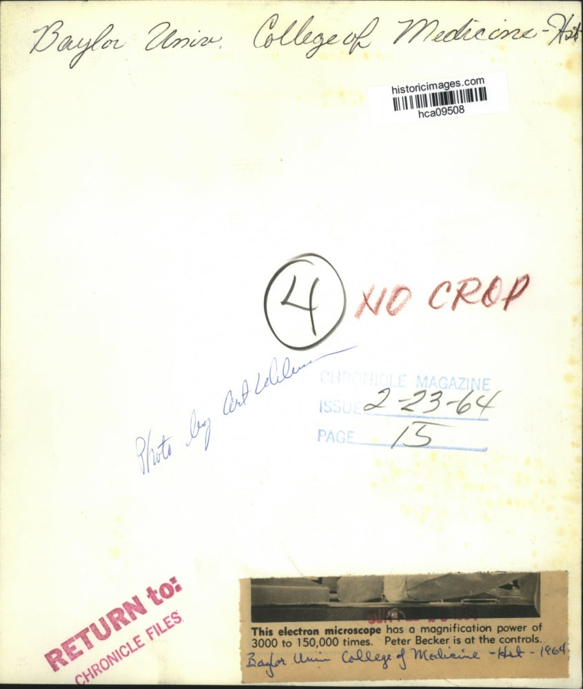 1964 Press Photo Electron microscope, Baylor Univ. College of Medicine, Houston